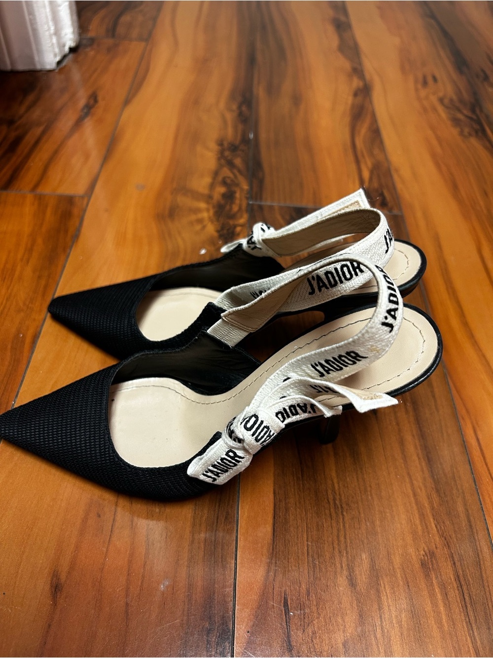 Dior Black Pointed Slingback Heels with White J'Adior Straps - Picture 3 of 3